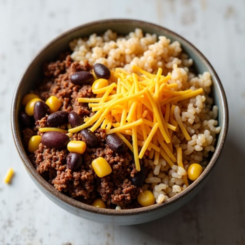 Hearty Ground Beef and Black Bean Rice Bowl with Corn and Cheese