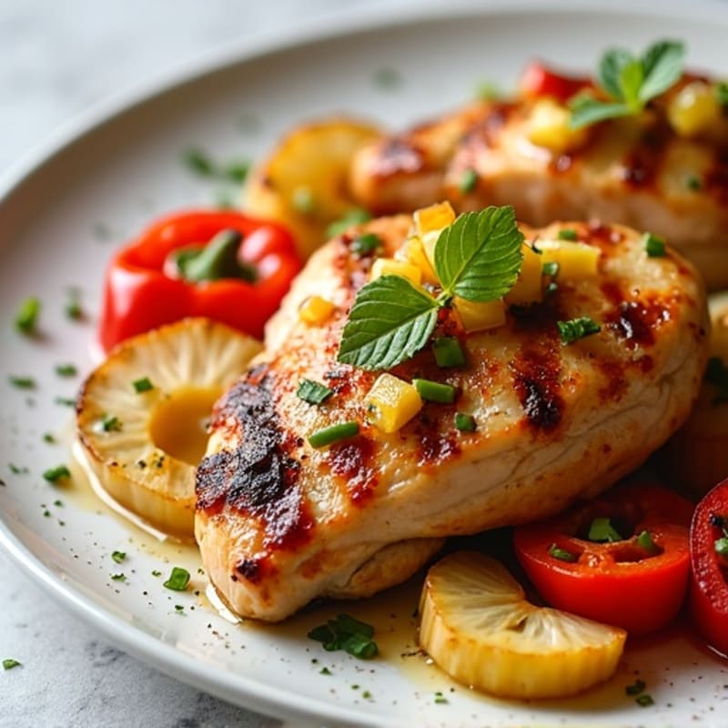 Grilled Pineapple Glazed Chicken with Roasted Bell Peppers and Onions