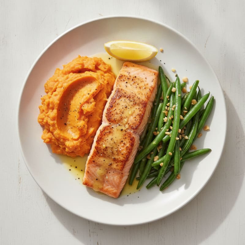 Seared Salmon Fillet with Garlic Green Beans and Sweet Potato Mash