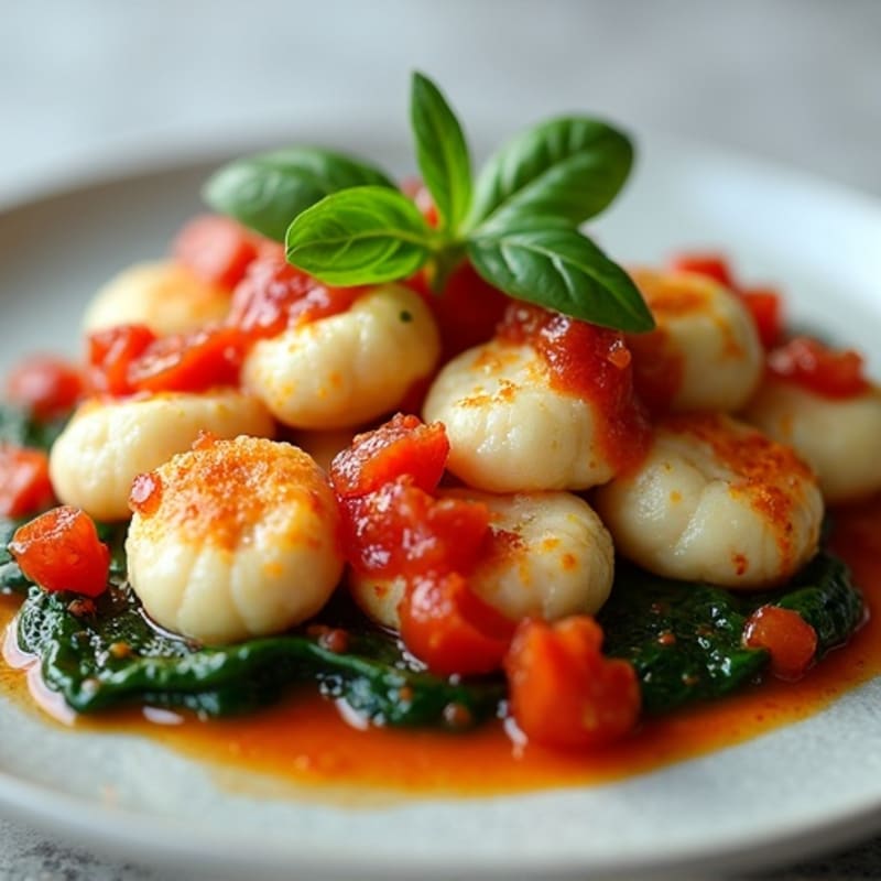 Fluffy Ricotta Gnocchi with Fresh Herb Tomato Sauce and Sautéed Spinach