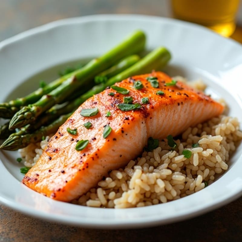 Seared Salmon Fillet with Steamed Asparagus and Brown Rice