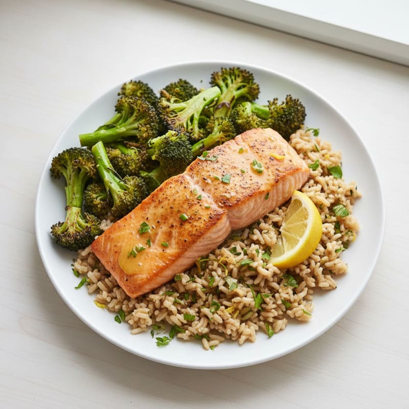 Seared Salmon with Roasted Broccoli and Herb-Lemon Brown Rice