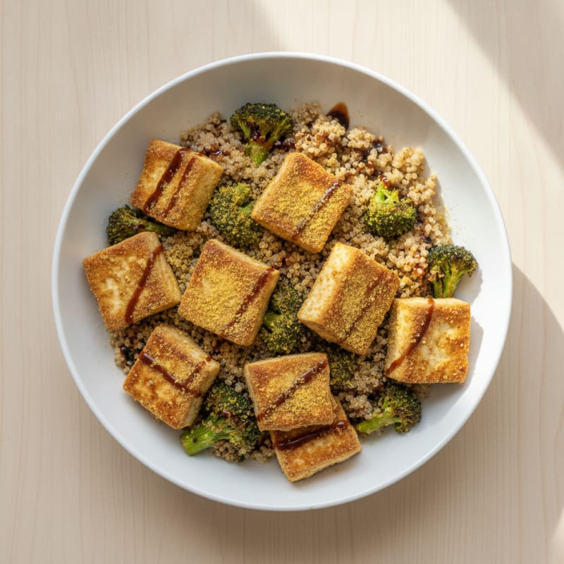 Crispy Tofu and Quinoa Power Bowl with Roasted Broccoli