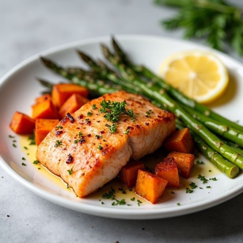 Crispy Skin Salmon with Roasted Asparagus and Sweet Potatoes
