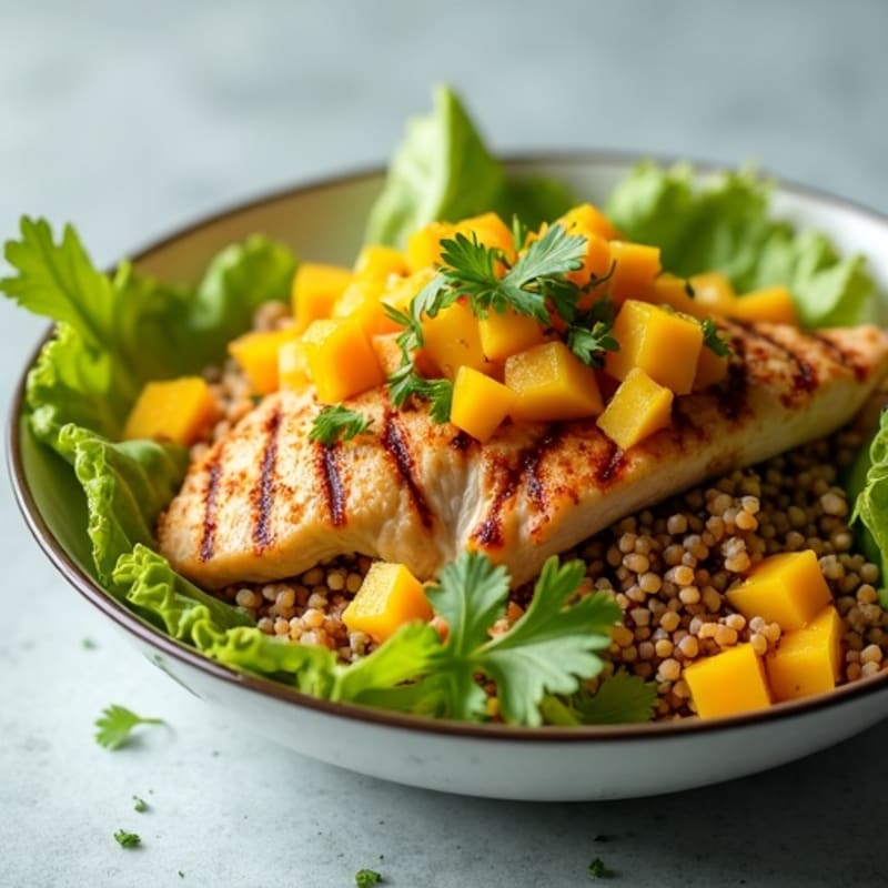 Chicken and Fonia Breakfast Bowl with Jalapeño and Mango Salsa