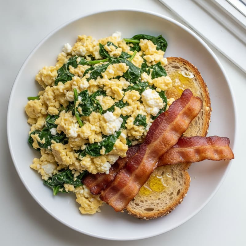 Cottage Cheese Egg Scramble with Spinach and Turkey Bacon