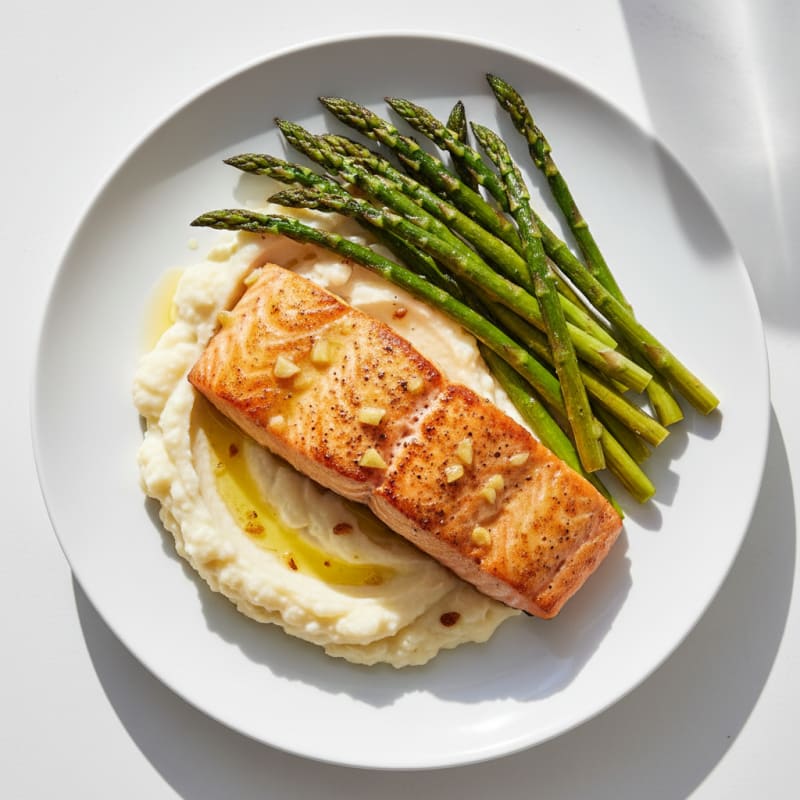 Seared Salmon Fillet with Roasted Asparagus and Garlic Mashed Cauliflower