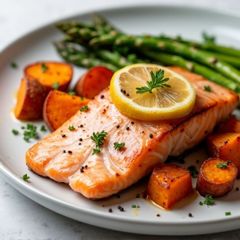 Seared Salmon with Roasted Sweet Potatoes and Asparagus