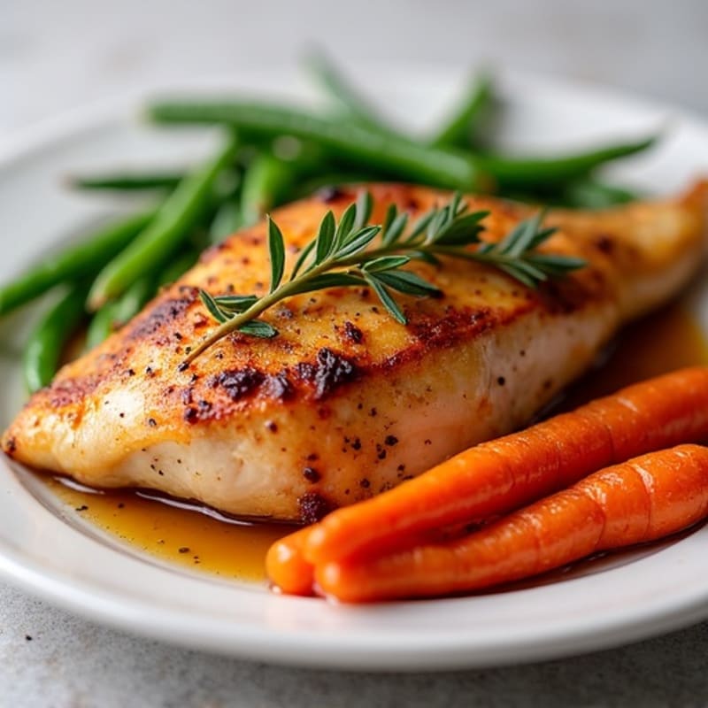 Maple Glazed Roasted Chicken with Roasted Carrots and Crispy Green Beans