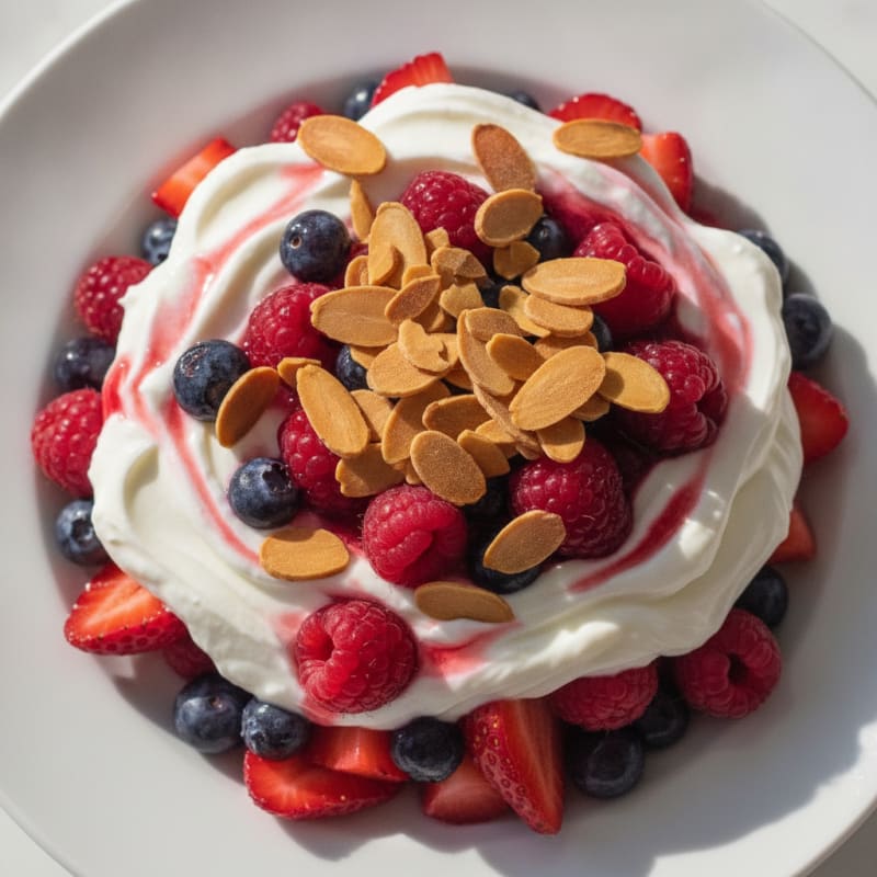 Greek Yogurt Protein Parfait with Mixed Berries and Almond Slivers