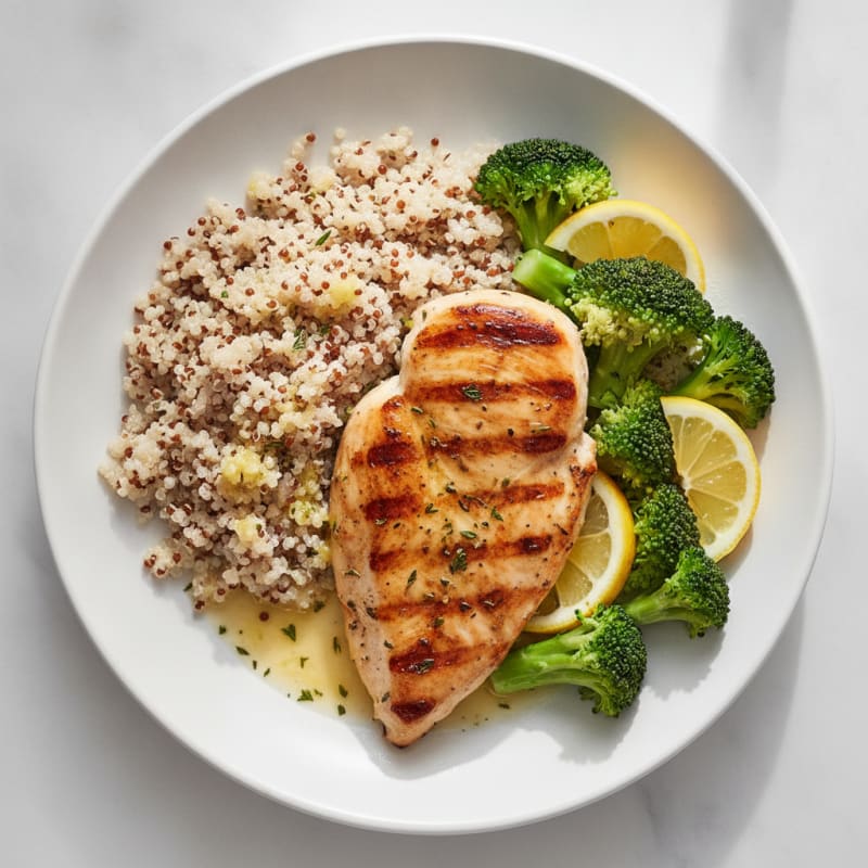 Grilled Chicken Breast with Steamed Broccoli and Quinoa