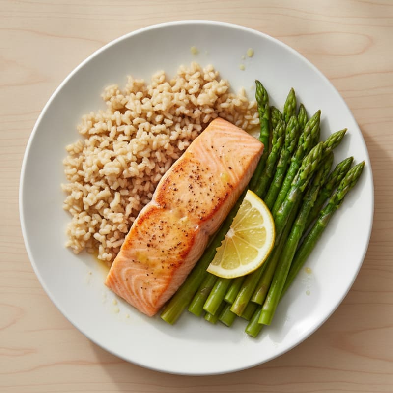 Seared Salmon with Steamed Asparagus and Brown Rice