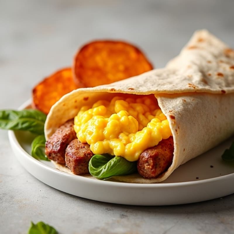 Scrambled Egg and Turkey Sausage Burrito with Crispy Sweet Potato