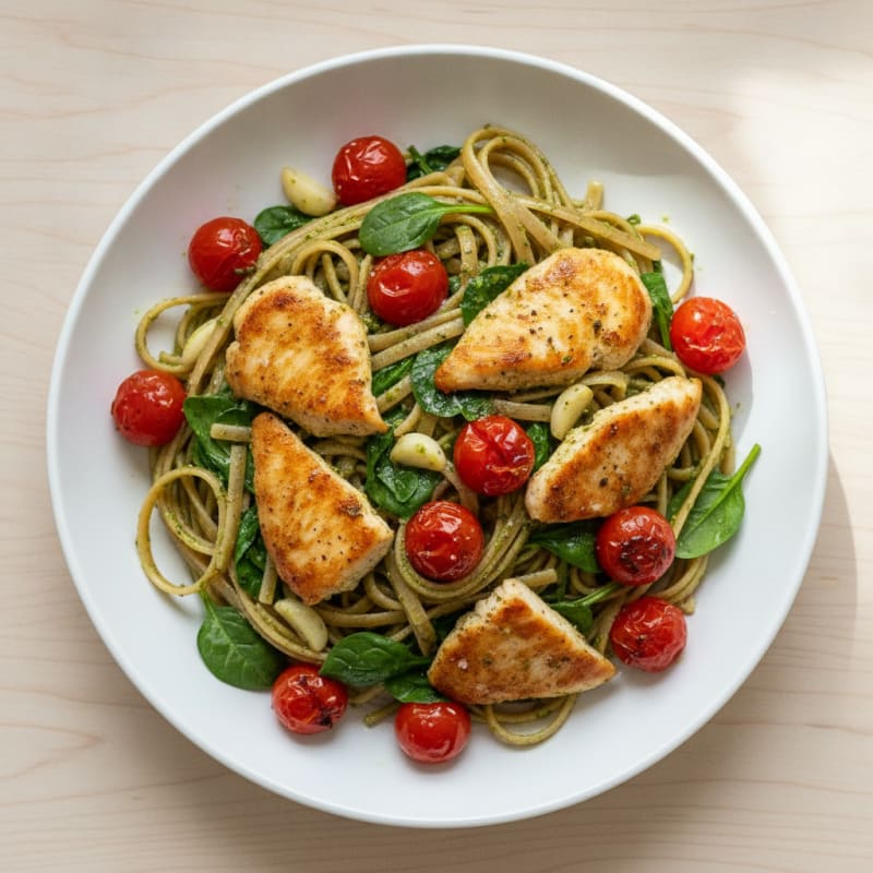 Pesto Chicken Linguine with Blistered Tomatoes
