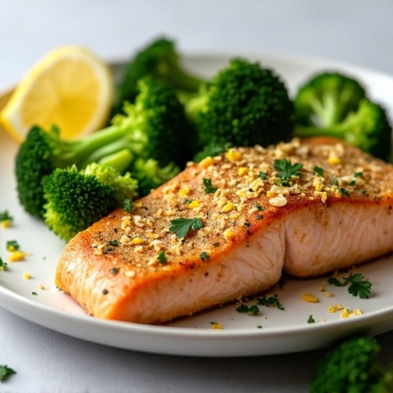 Herb-Crusted Pan Seared Salmon with Roasted Broccoli