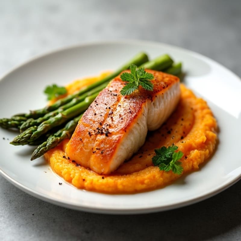 Seared Salmon with Steamed Asparagus and Sweet Potato Mash