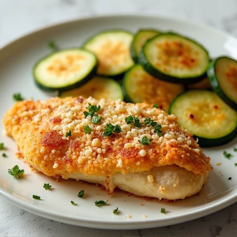 Garlic Parmesan Chicken with Crispy Zucchini Breadsticks