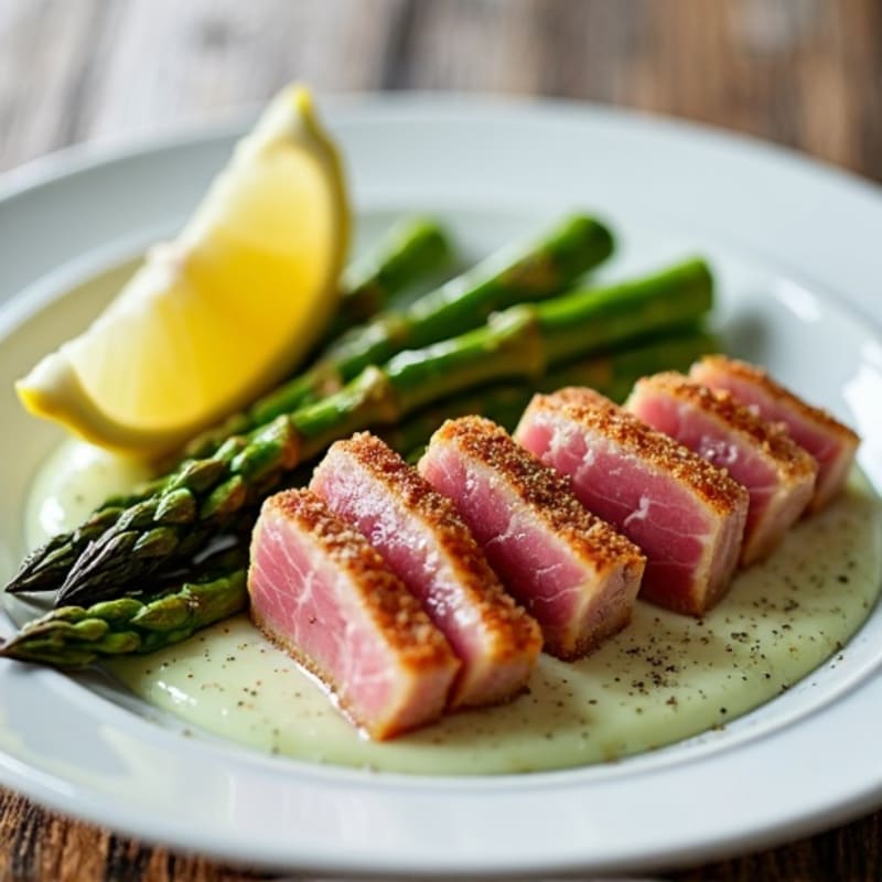 Fresh Crispy-Seared Ahi Tuna with Roasted Asparagus and Creamy Wasabi Mayo