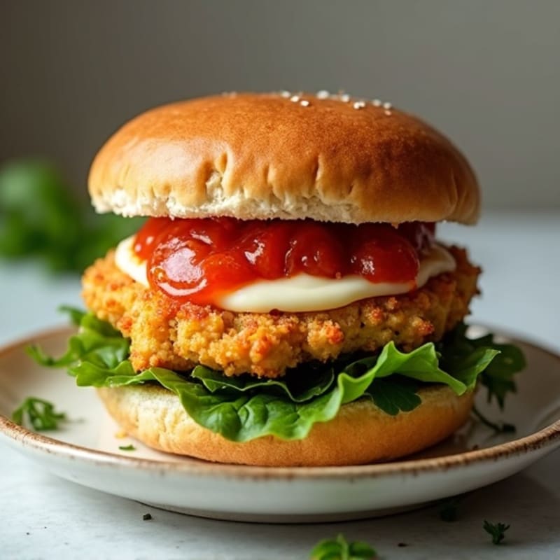 Crispy Pan-Seared Chicken Burger with Melted Mozzarella and Fresh Herb Tomato Sauce