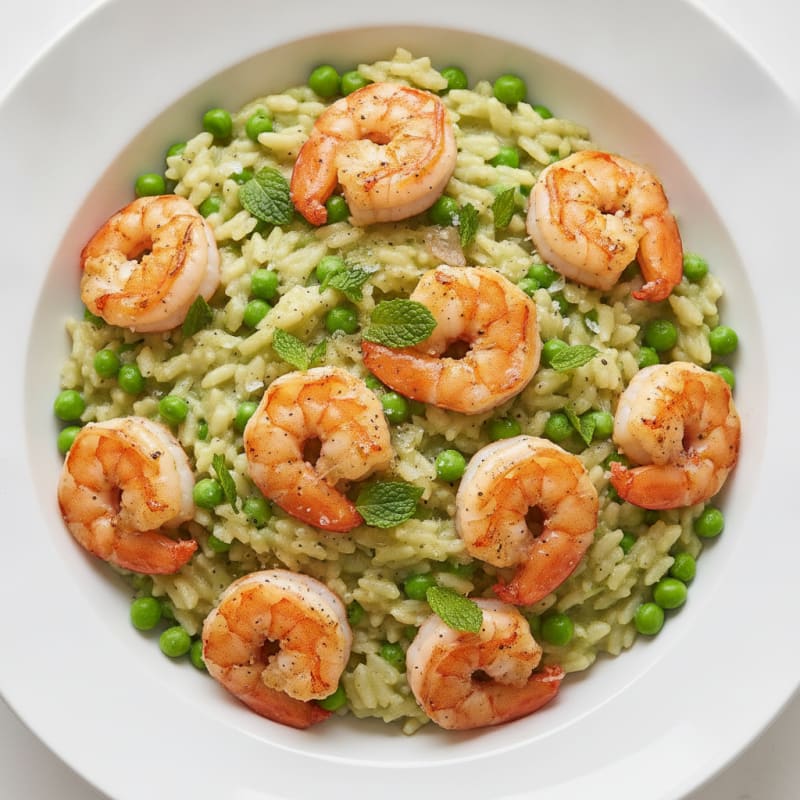 Sweet Pea and Mint Risotto with Succulent Shrimp