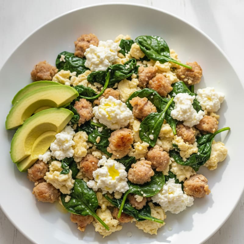 Egg White and Turkey Sausage Scramble with Spinach and Cottage Cheese