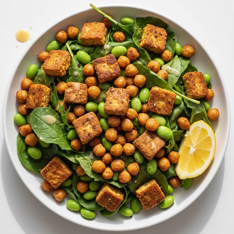 Crispy Tempeh Salad with Roasted Chickpeas and Mixed Greens