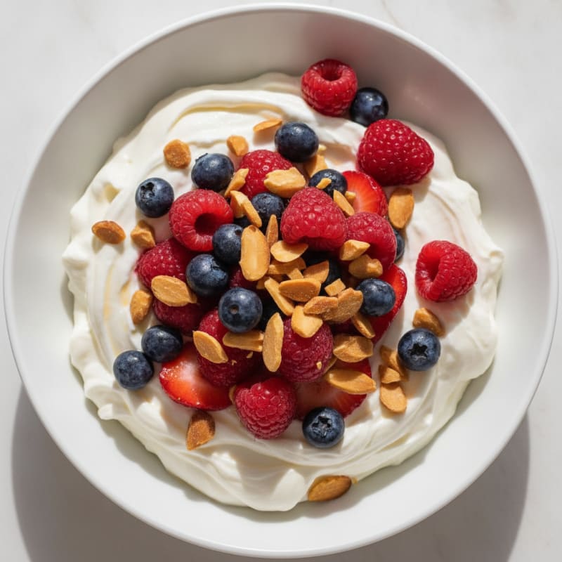 Creamy Protein Greek Yogurt with Chopped Almonds and Mixed Berries
