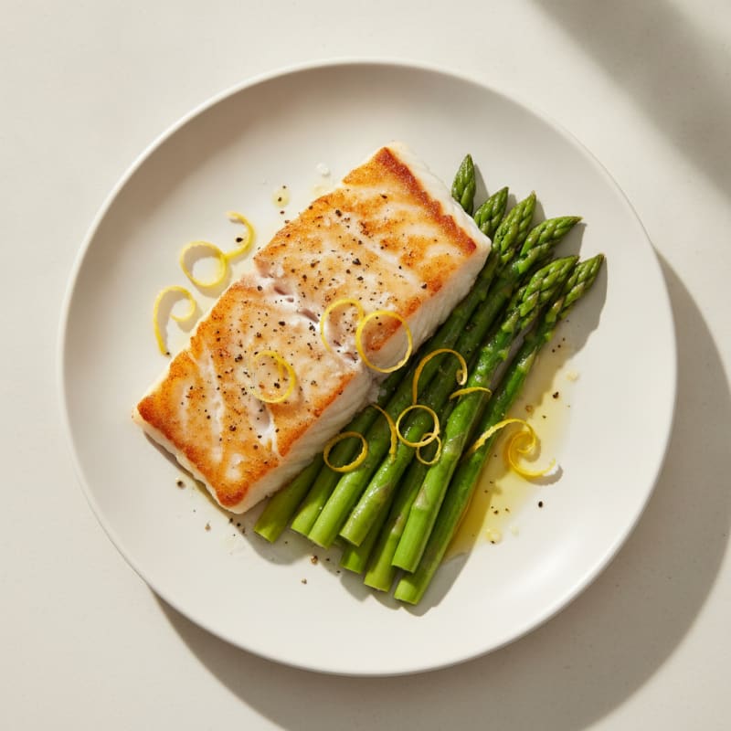 Pan Seared Cod with Steamed Asparagus and Lemon Zest
