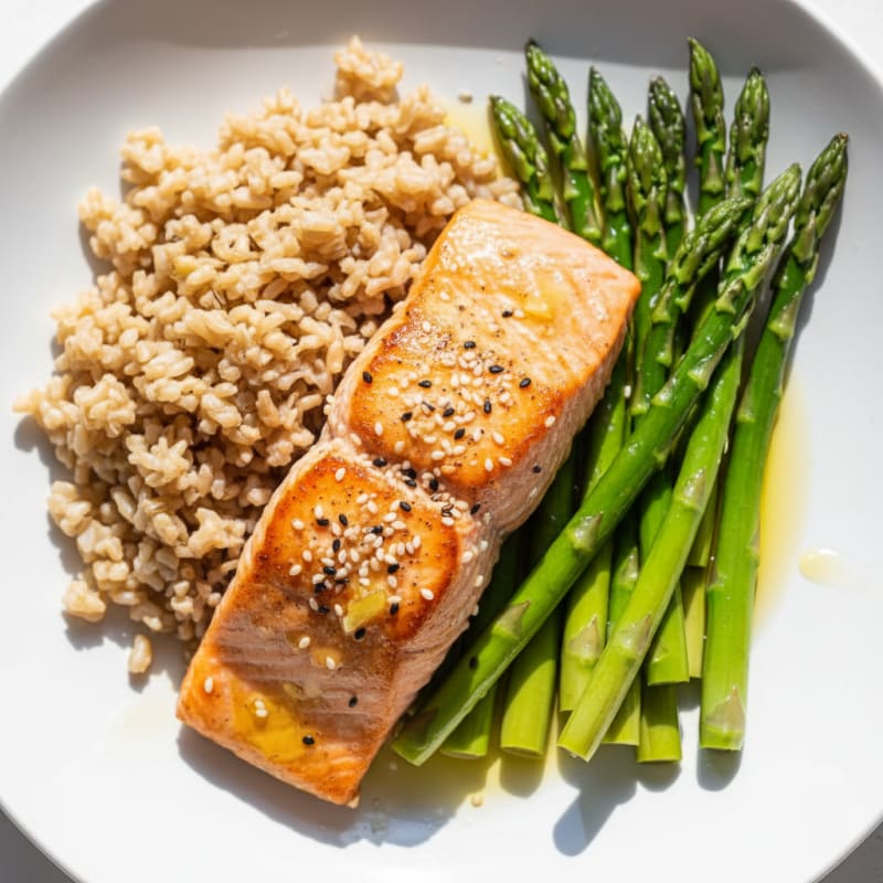 Seared Salmon with Brown Rice and Steamed Asparagus