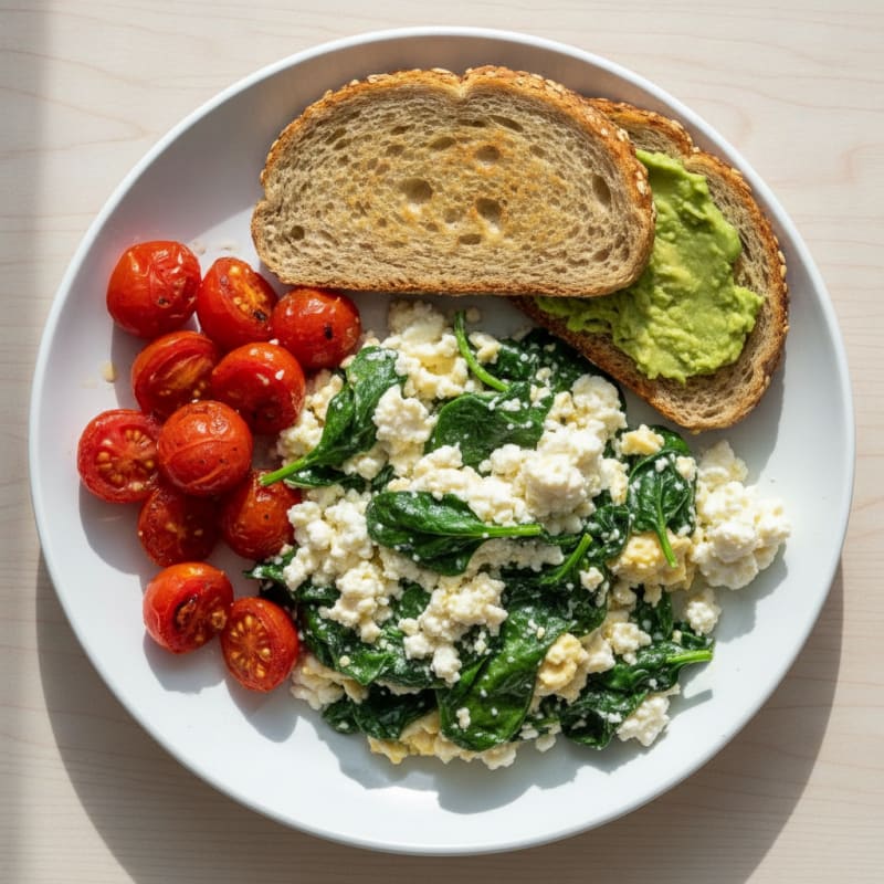 Egg White Spinach Scramble with Cottage Cheese and Cherry Tomatoes