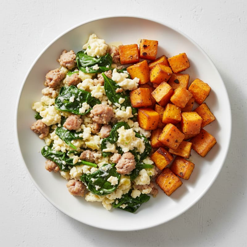 Egg White and Turkey Sausage Scramble with Spinach and Roasted Sweet Potato