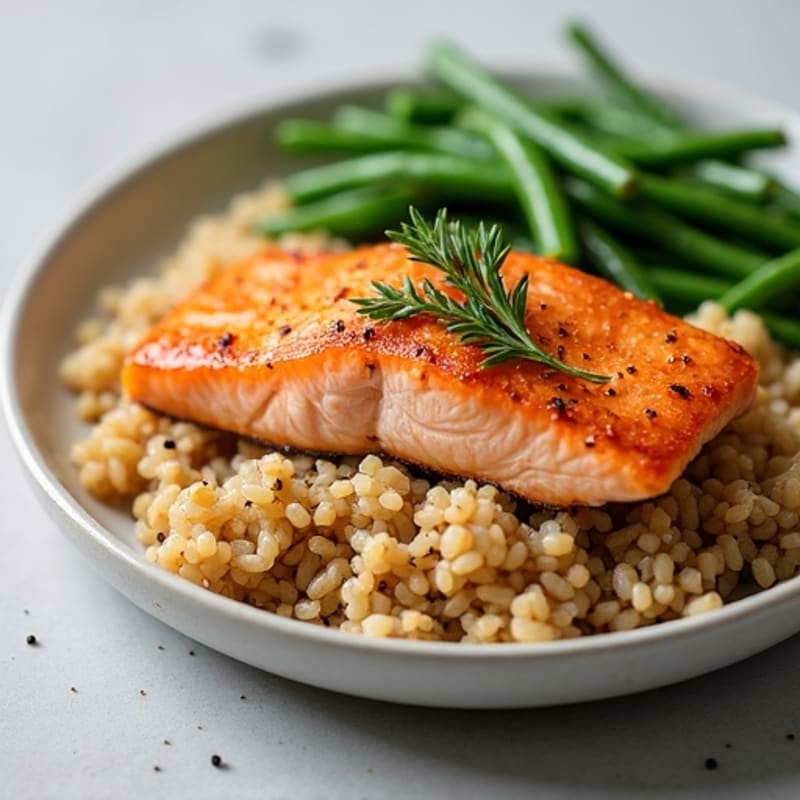 Seared Salmon Fillet with Garlic Green Beans and Brown Rice
