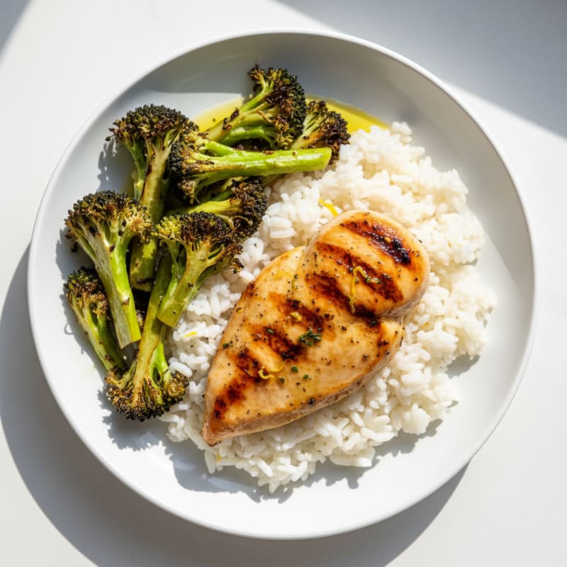 Grilled Chicken Breast with Steamed Rice and Roasted Broccoli