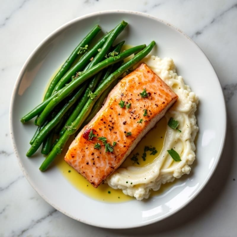 Seared Salmon with Garlic Green Beans and Cauliflower Mash