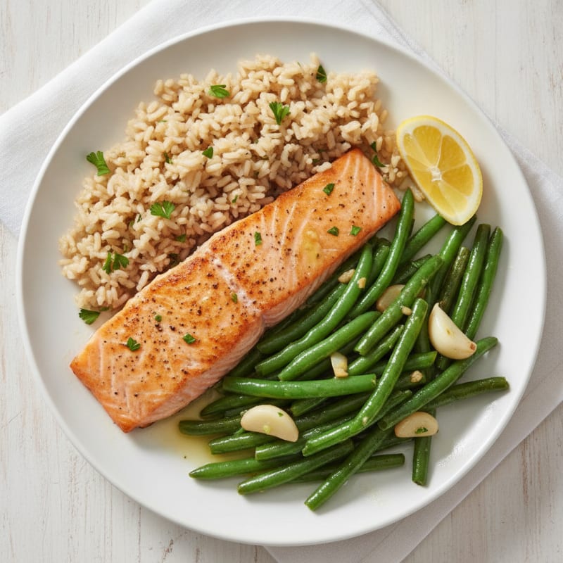 Seared Salmon Fillet with Garlic Green Beans and Herbed Brown Rice