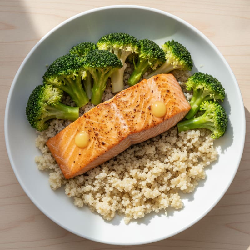 Seared Salmon with Steamed Broccoli and Quinoa