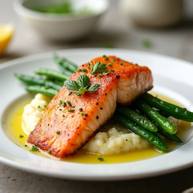 Seared Salmon with Garlic Green Beans and Cauliflower Mash