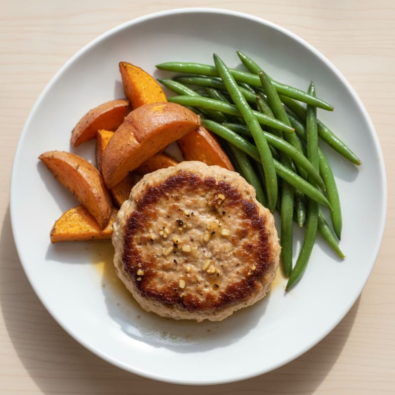 Seared Turkey Burger with Roasted Sweet Potato and Green Beans
