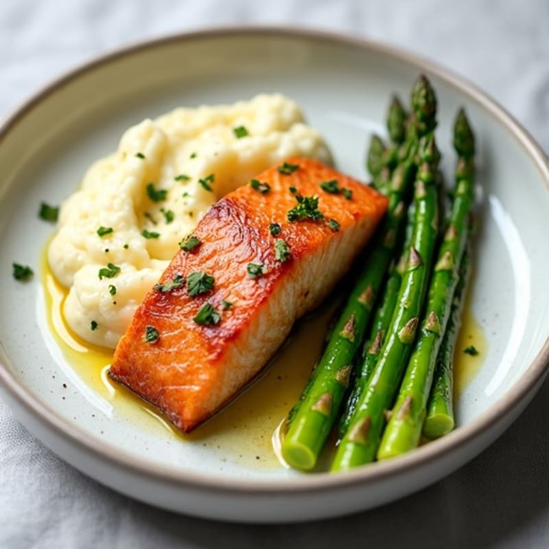 Seared Salmon with Steamed Asparagus and Cauliflower Mash