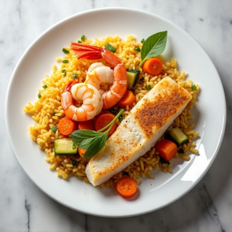 Fresh Seafood with Saffron Rice and Tender Vegetables