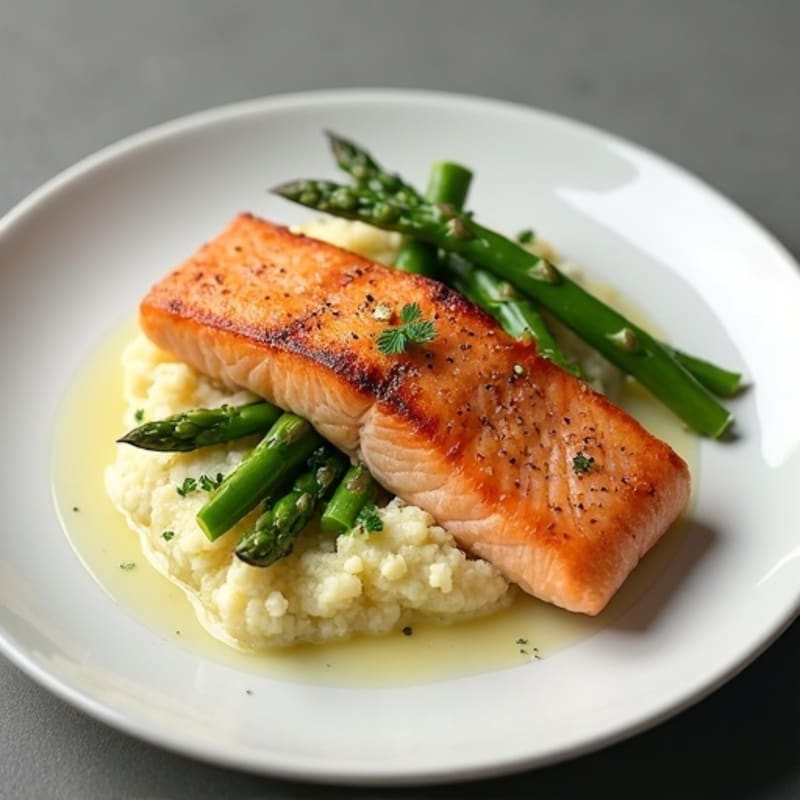 Seared Salmon with Steamed Asparagus and Cauliflower Mash