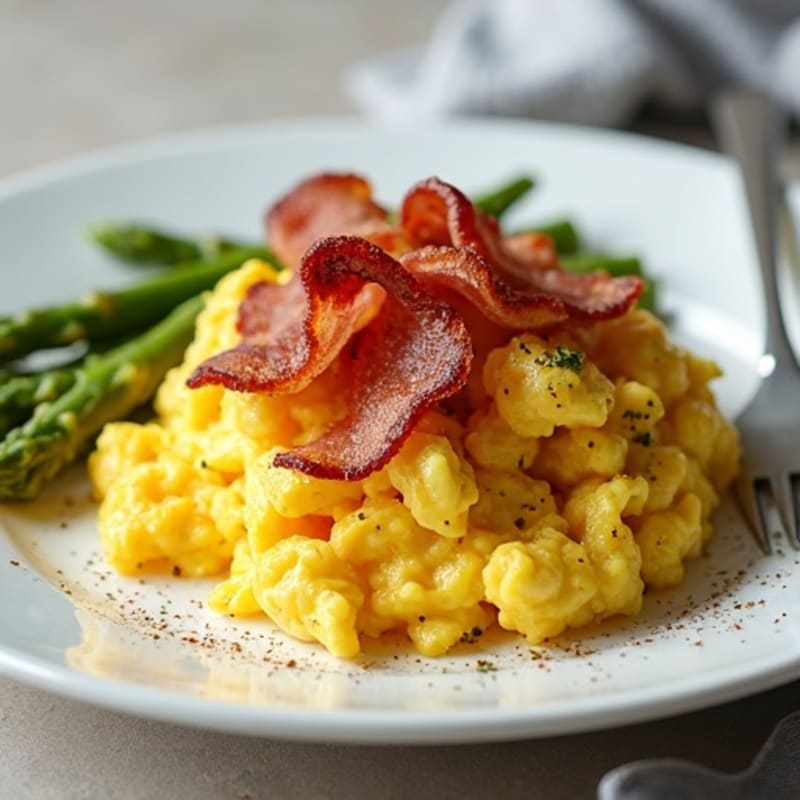 Fluffy Scrambled Eggs with Roasted Asparagus and Crispy Turkey Bacon