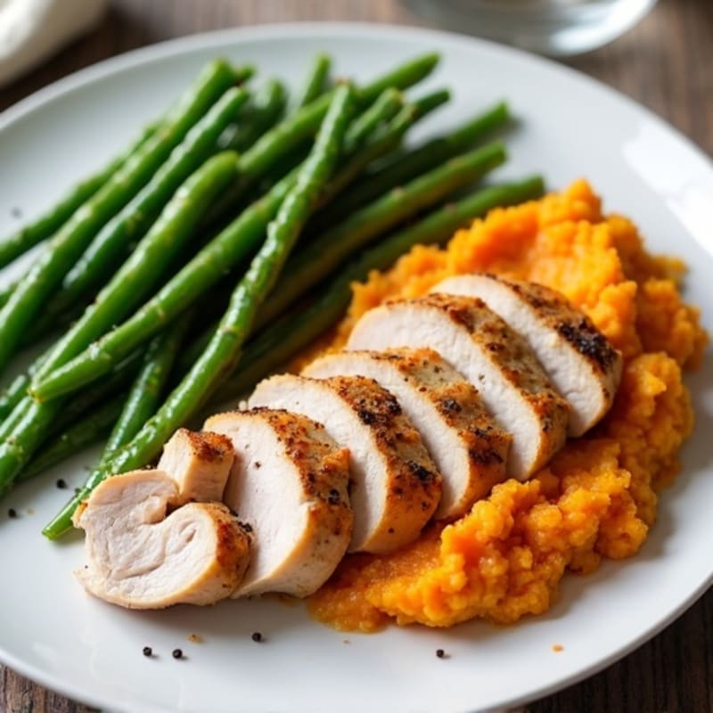 Seared Turkey Breast with Garlic Green Beans and Sweet Potato Mash