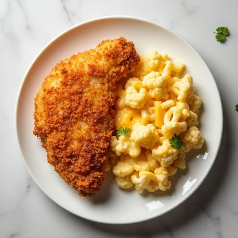 Crispy Baked Chicken with Creamy Cauliflower Mac and Cheese