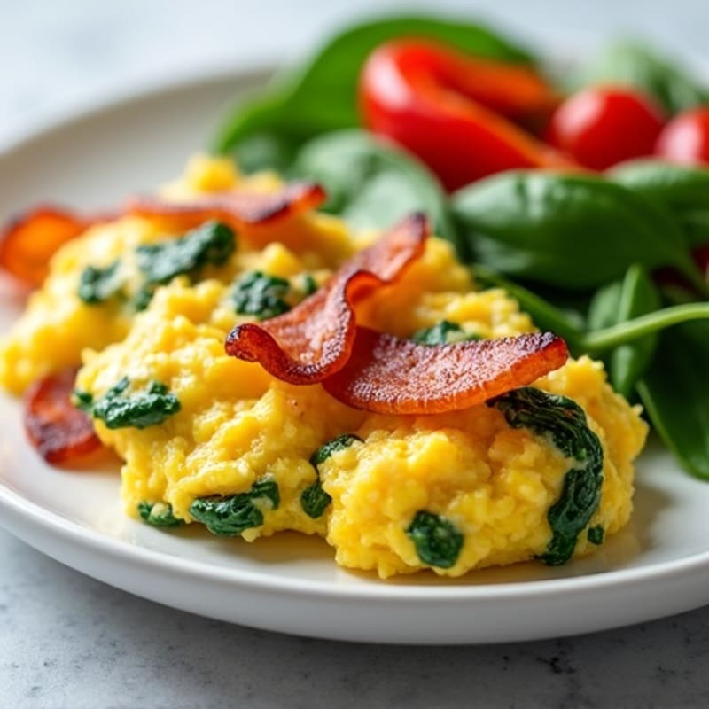 Fluffy Egg White Scramble with Fresh Spinach and Lean Turkey Bacon
