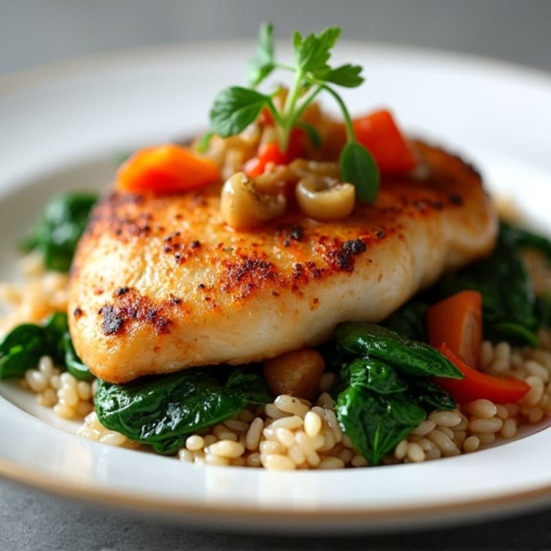 Seared Chicken Breast with Spinach Rice and Caramelized Onions