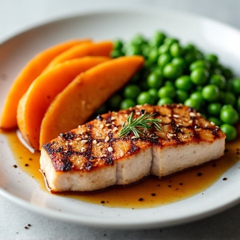 Seared Sesame Tuna with Sweet Potato Wedges and Green Peas