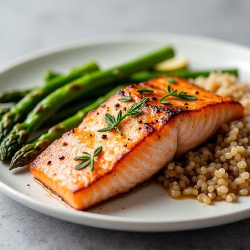 Seared Salmon with Steamed Asparagus and Brown Rice