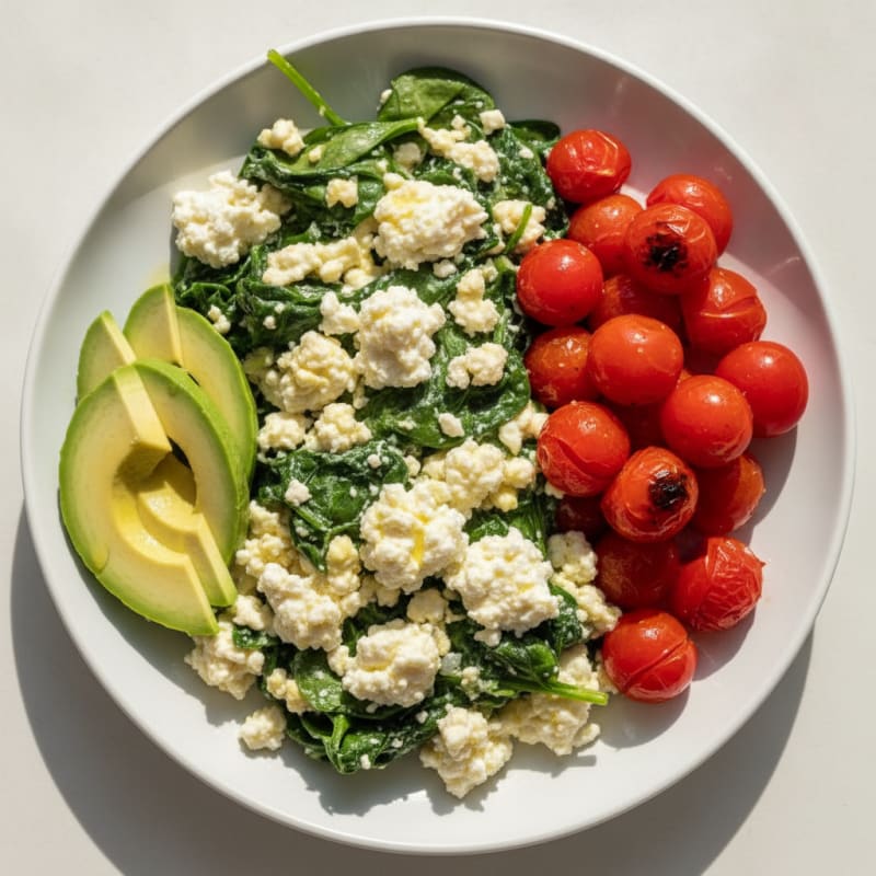 Egg White Spinach Scramble with Cottage Cheese and Cherry Tomatoes