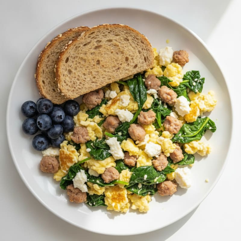 Egg White and Turkey Sausage Scramble with Sautéed Spinach and Feta